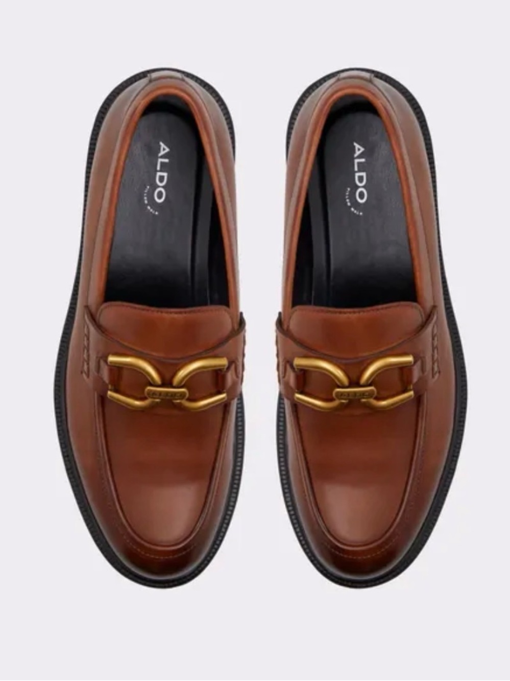 Aldo Men's Chestnut Brown Leather Loafers with Gold Bit